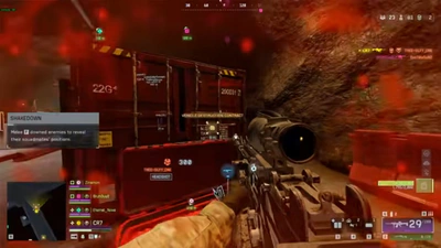 Battlefield 6 scoped rifle with a headshot marker in a red-lit tunnel