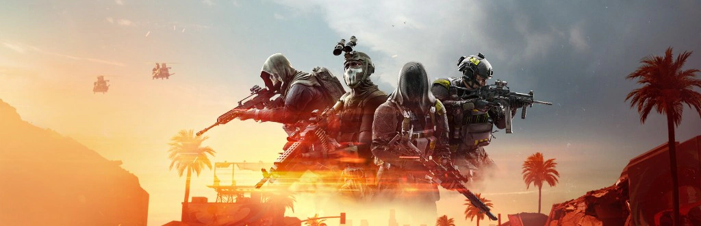 Battlefield 6 operators at sunset with helicopters and palm trees